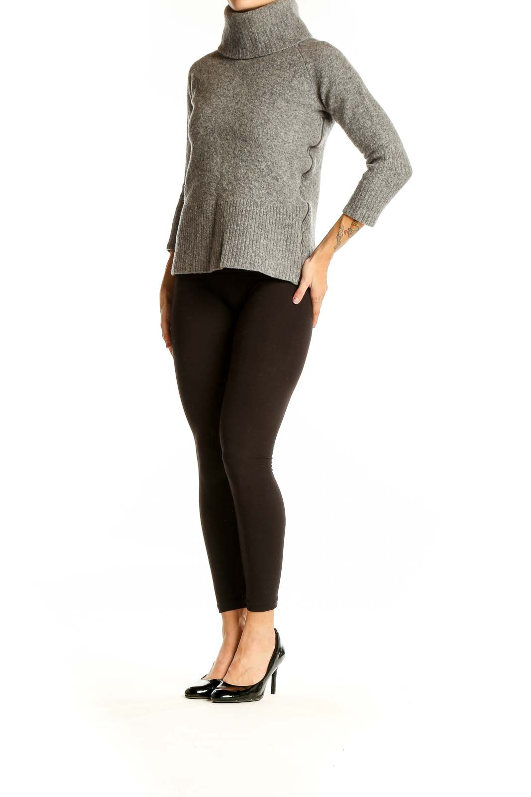 Front view of Banana Republic gray wool turtleneck sweater with ribbed details