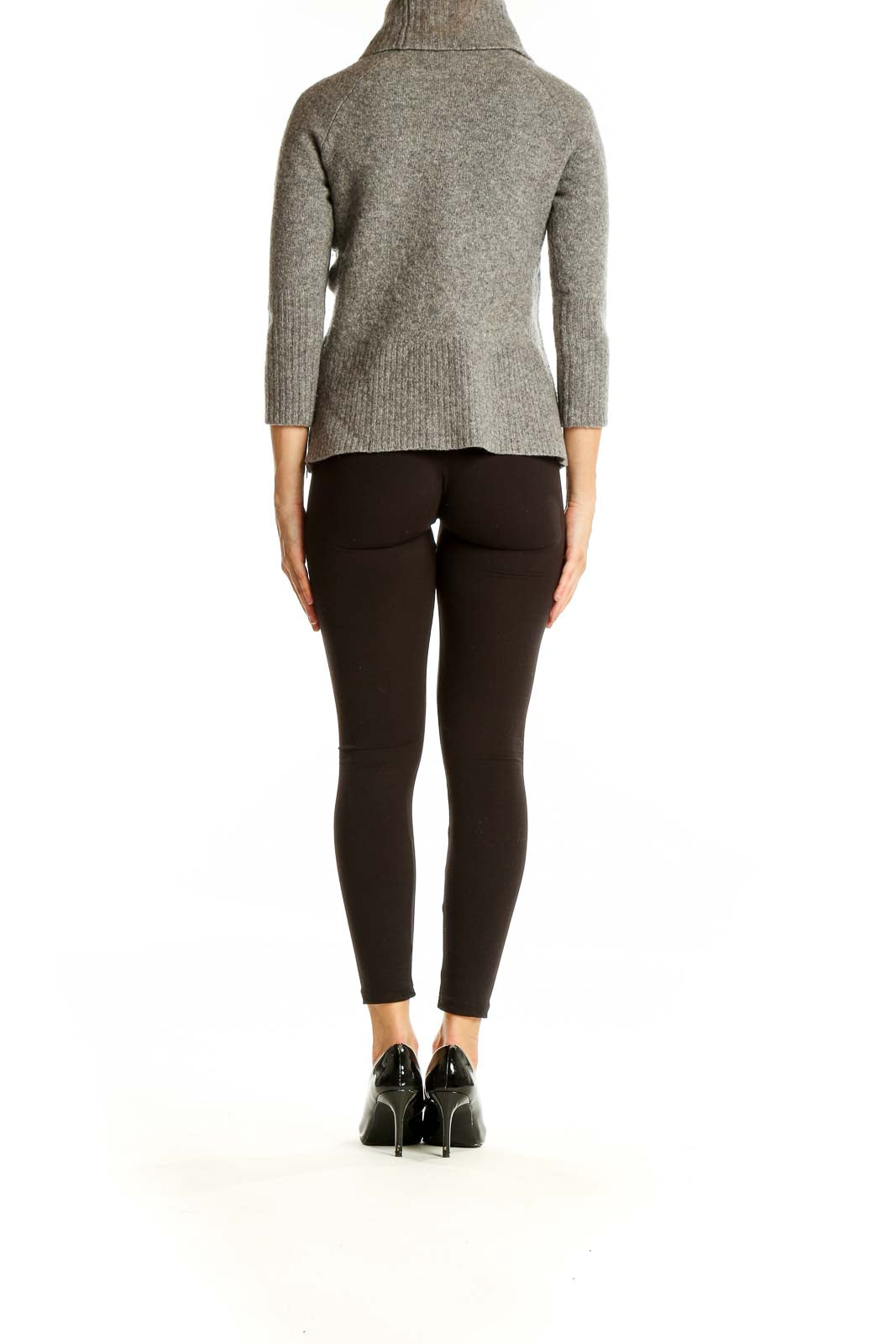 Back view of Banana Republic gray wool turtleneck sweater on model with black pants