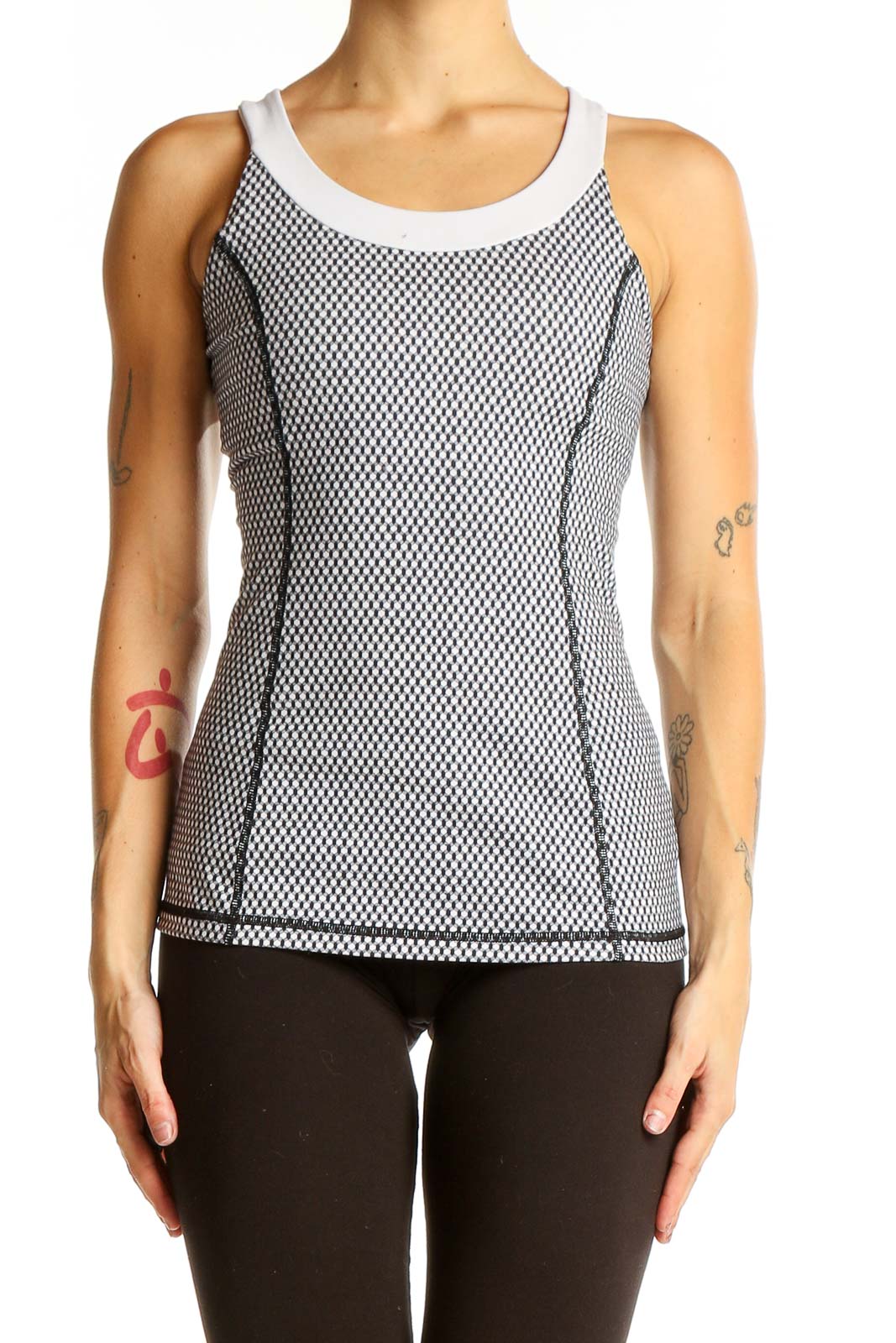 Front view of Lululemon black and white mesh athletic tank top