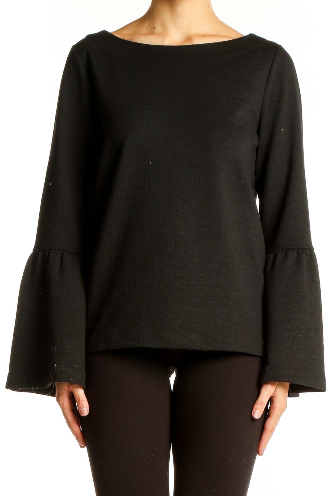 Front view of Ann Taylor Petites black bell sleeve top with boat neckline