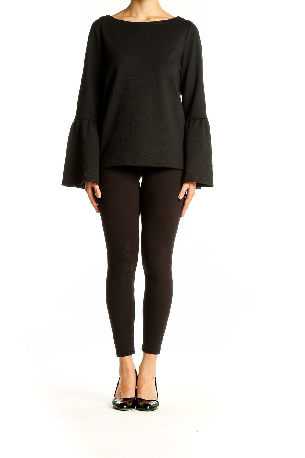 Front view of Ann Taylor Petites black bell sleeve top with boat neckline