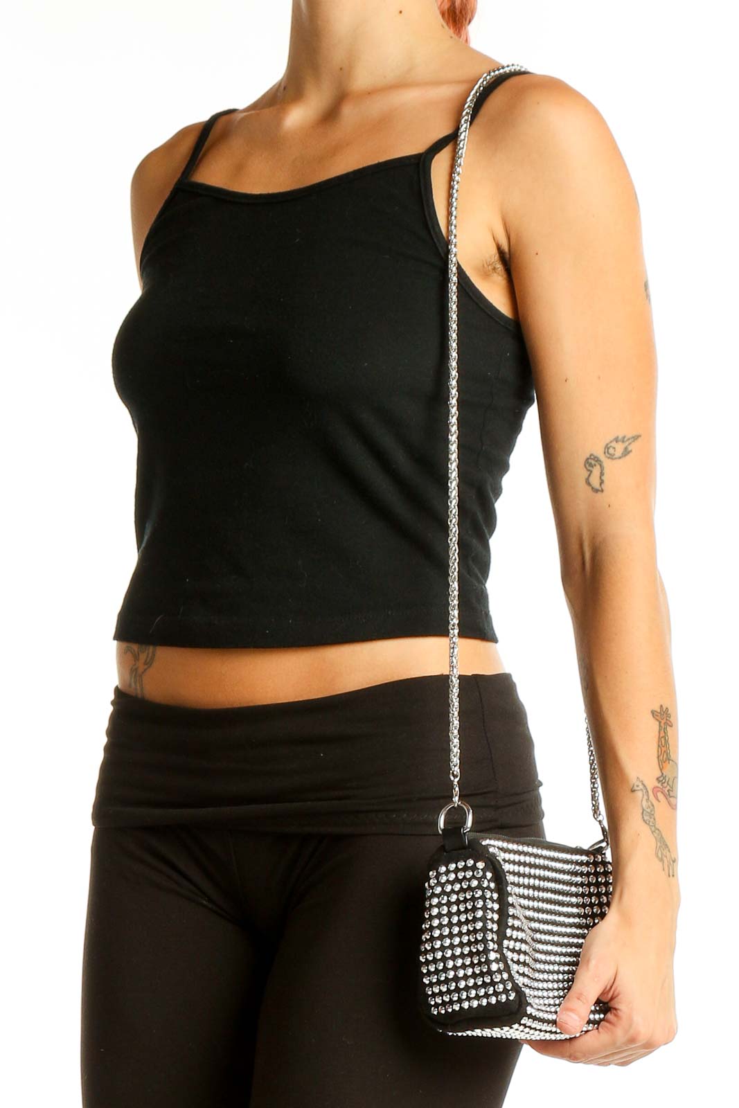 Front view of SilkRoll black studded crossbody bag with chain strap