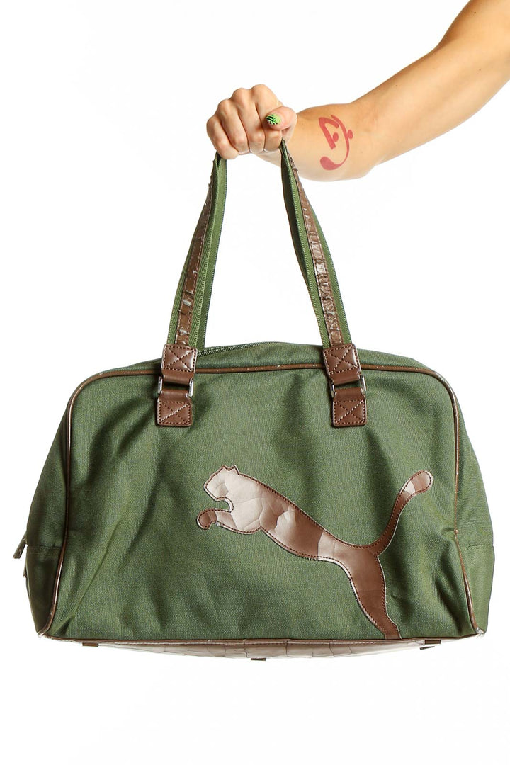 Green Puma tote bag with brown logo and handles, front view