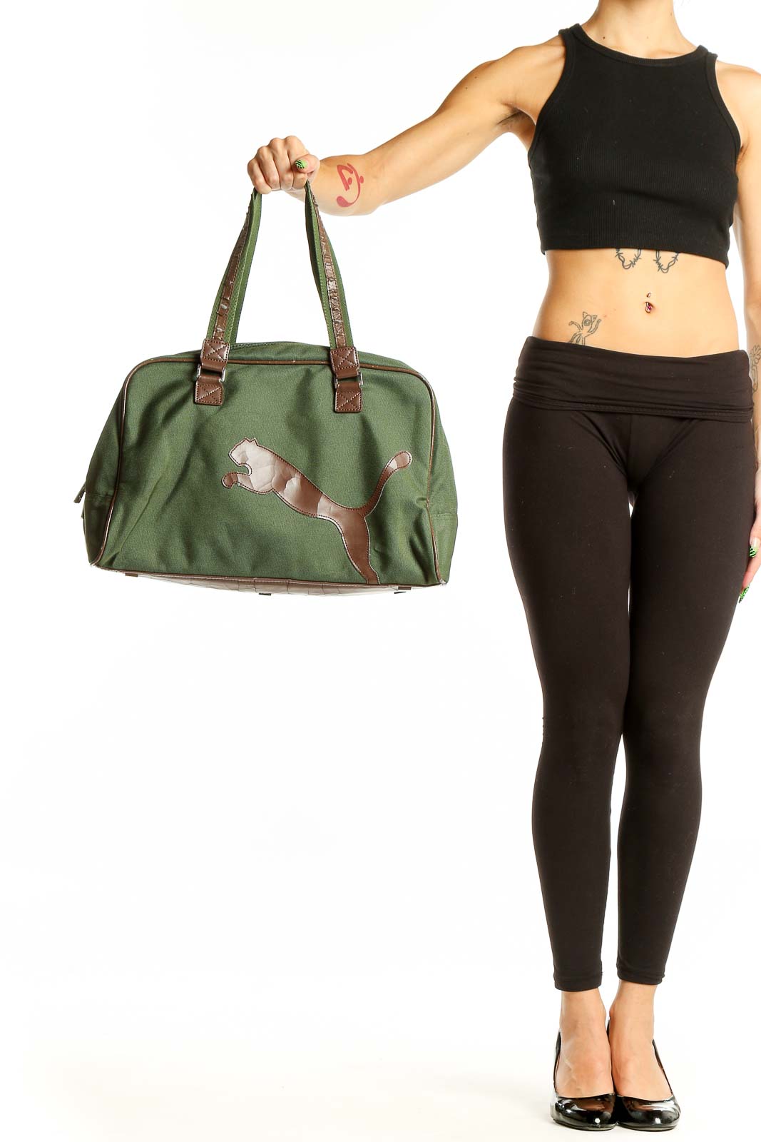 Green Puma tote bag with brown logo and handles, front view