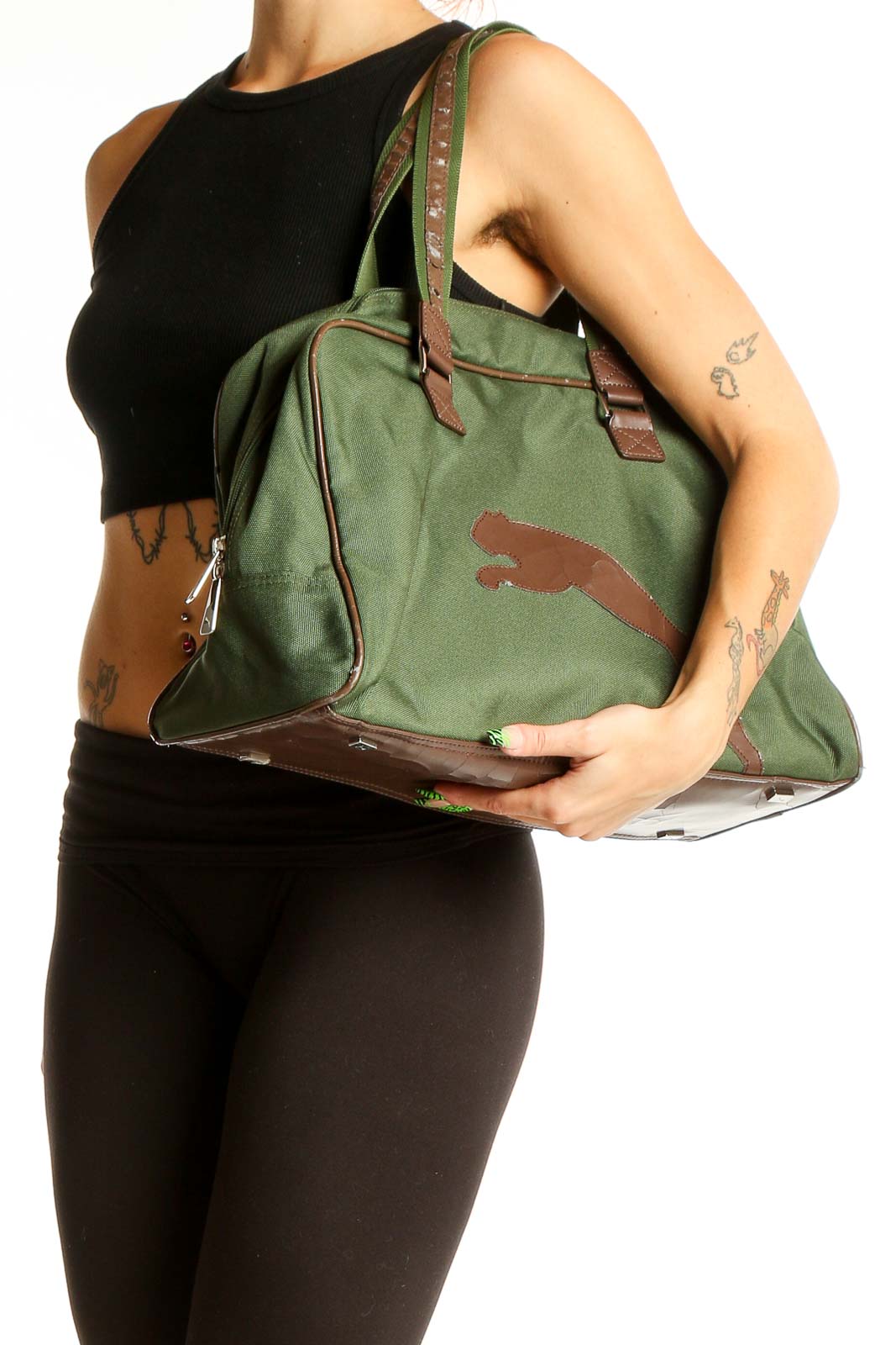 Green Puma tote bag with brown logo and handles, front view