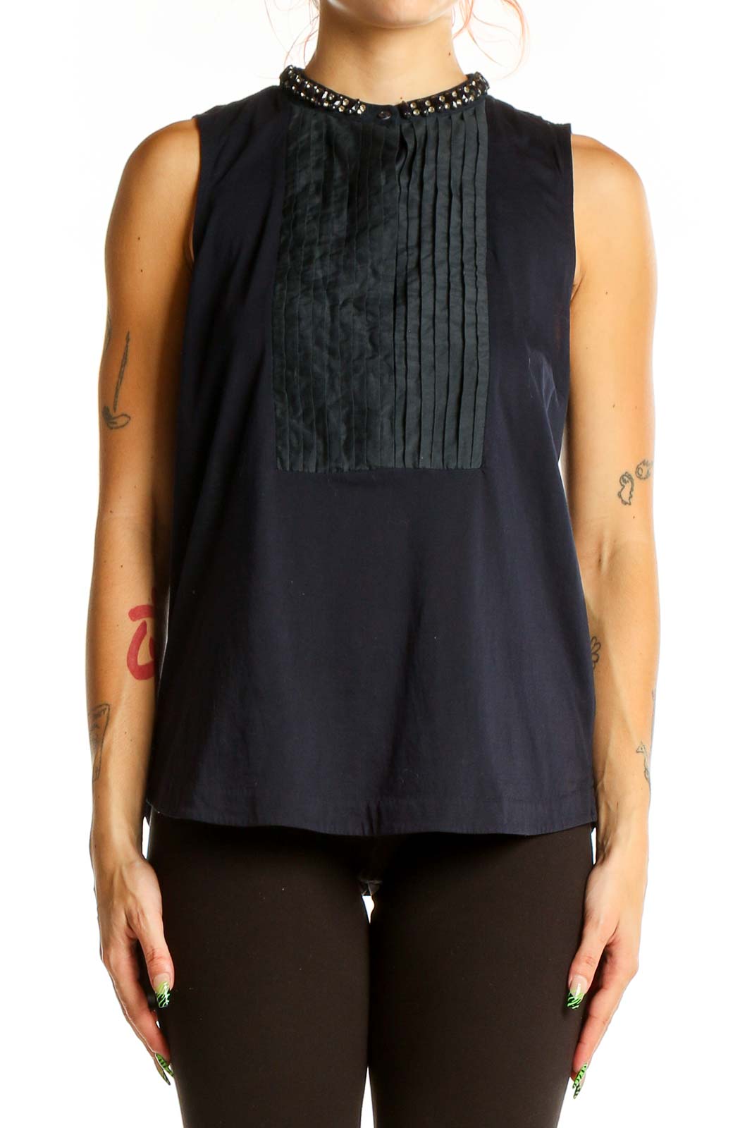 Front view of J.Crew black sleeveless top with embellished collar and pleated bib front