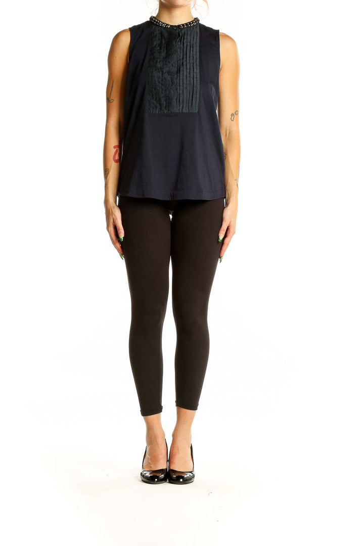 Front view of J.Crew black sleeveless top with embellished collar and pleated bib front