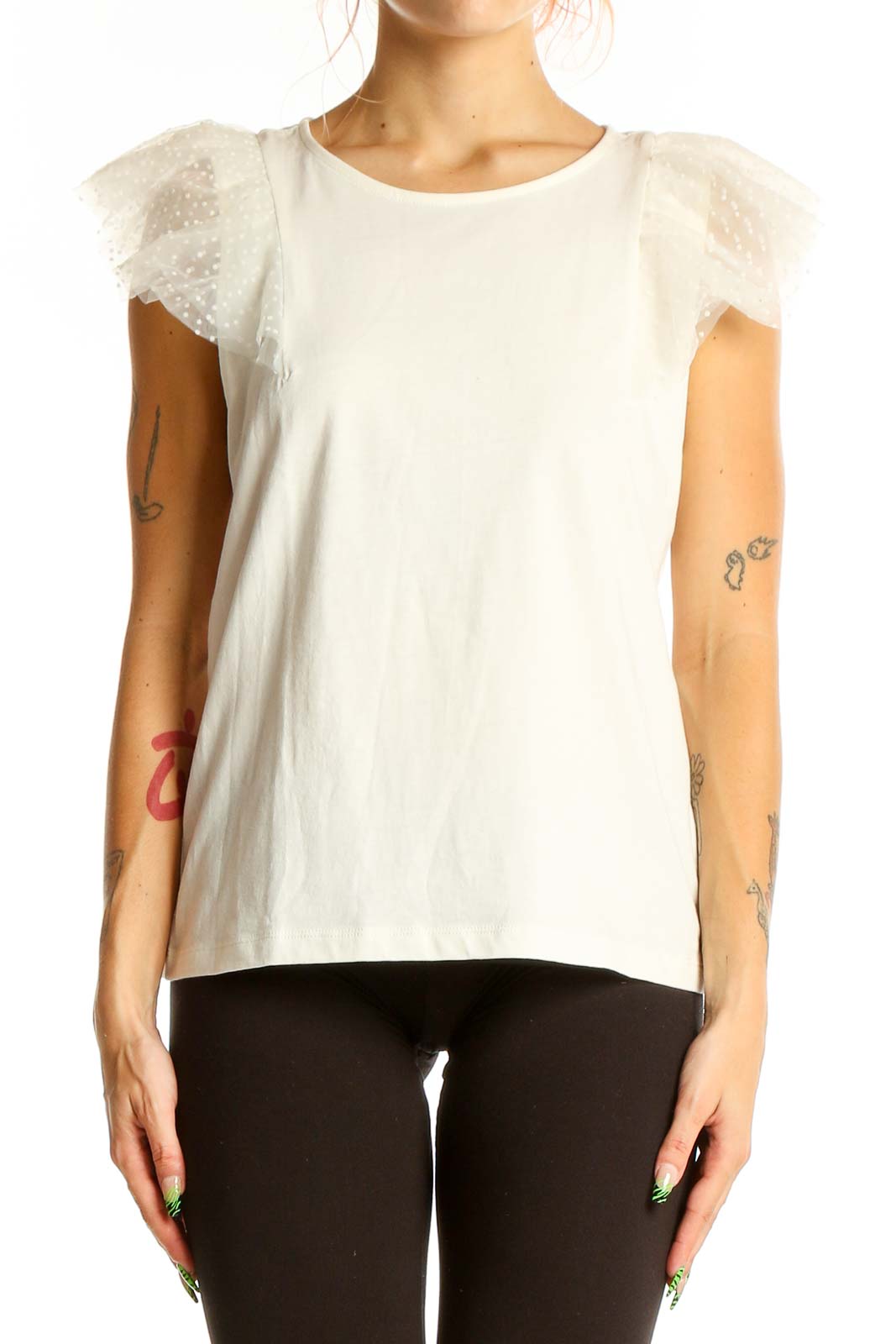 Front view of J.Crew white cotton top with tulle cap sleeves