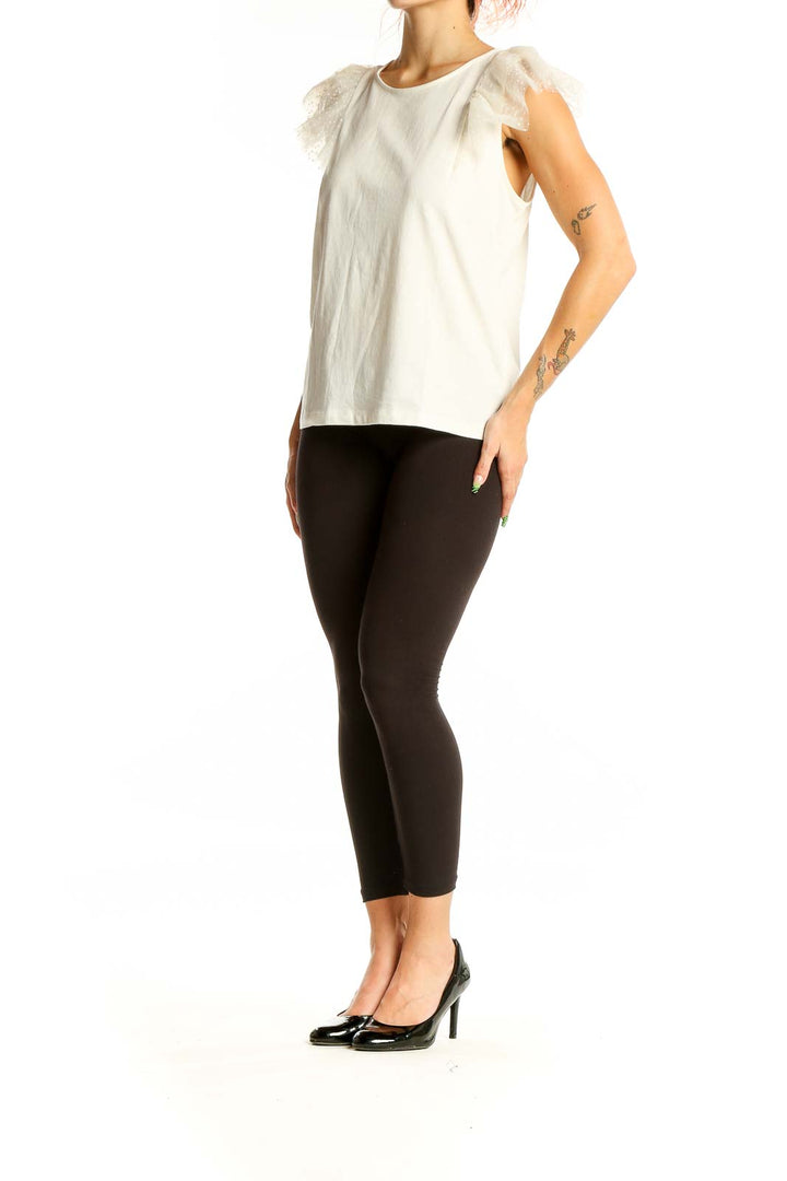 Front view of J.Crew white cotton top with tulle cap sleeves
