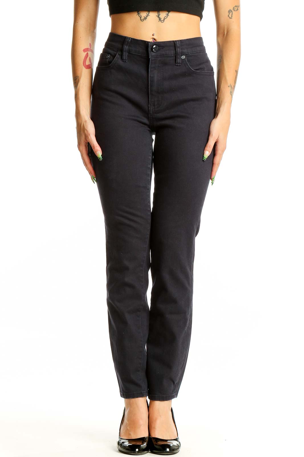 Front view of Tory Burch black straight-leg jeans on model