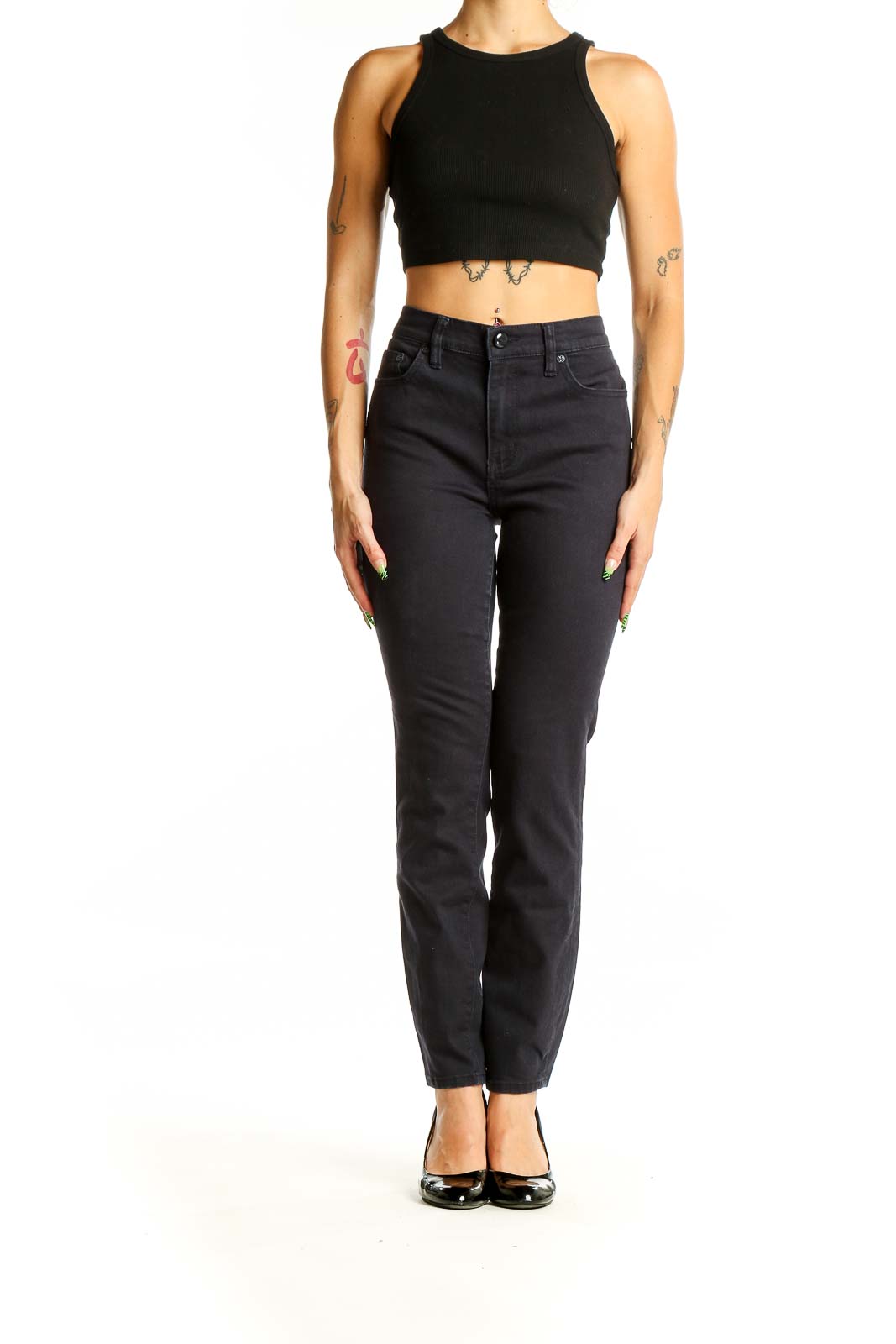 Front view of Tory Burch black straight-leg jeans on model