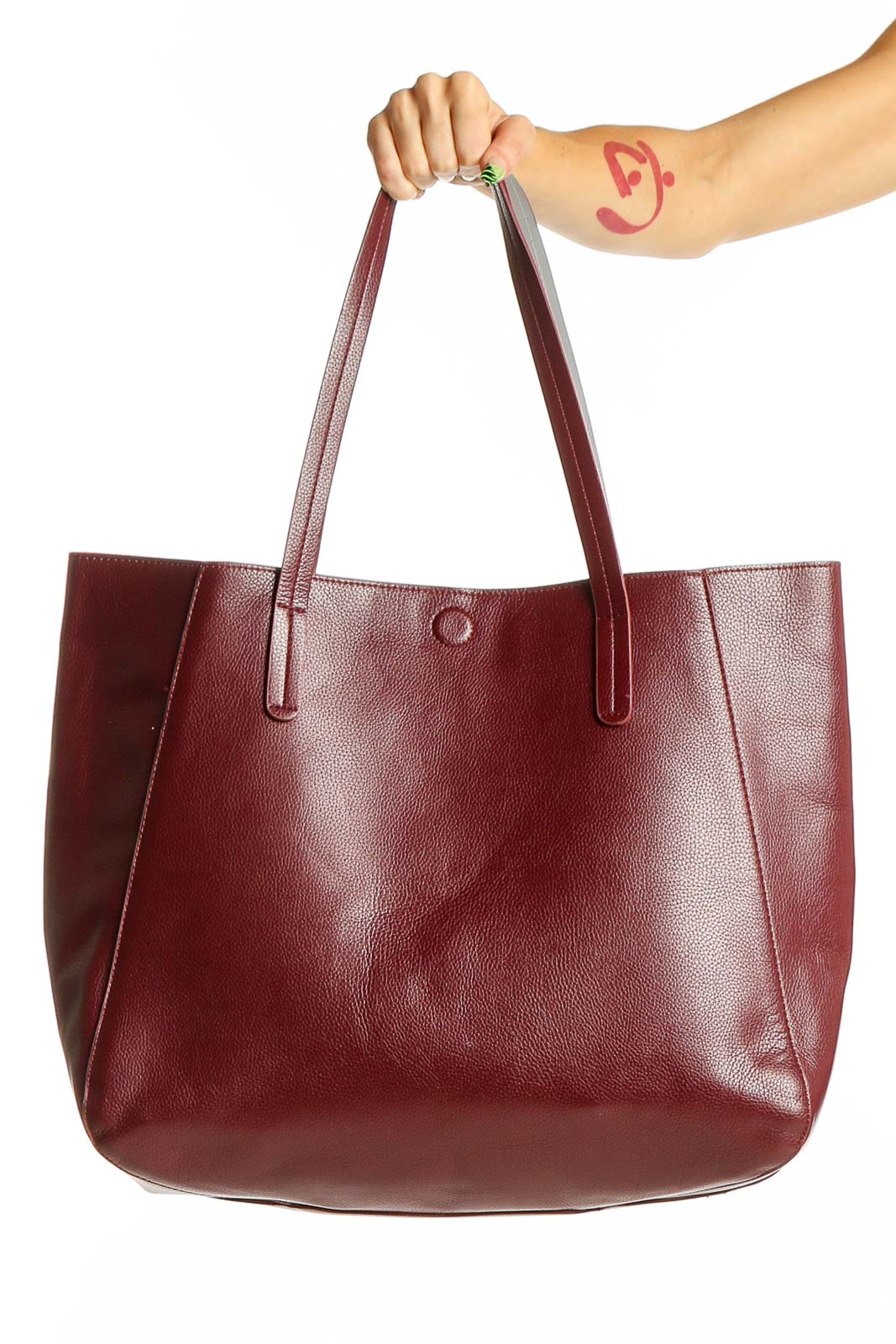 Front view of burgundy leather tote bag by SilkRoll