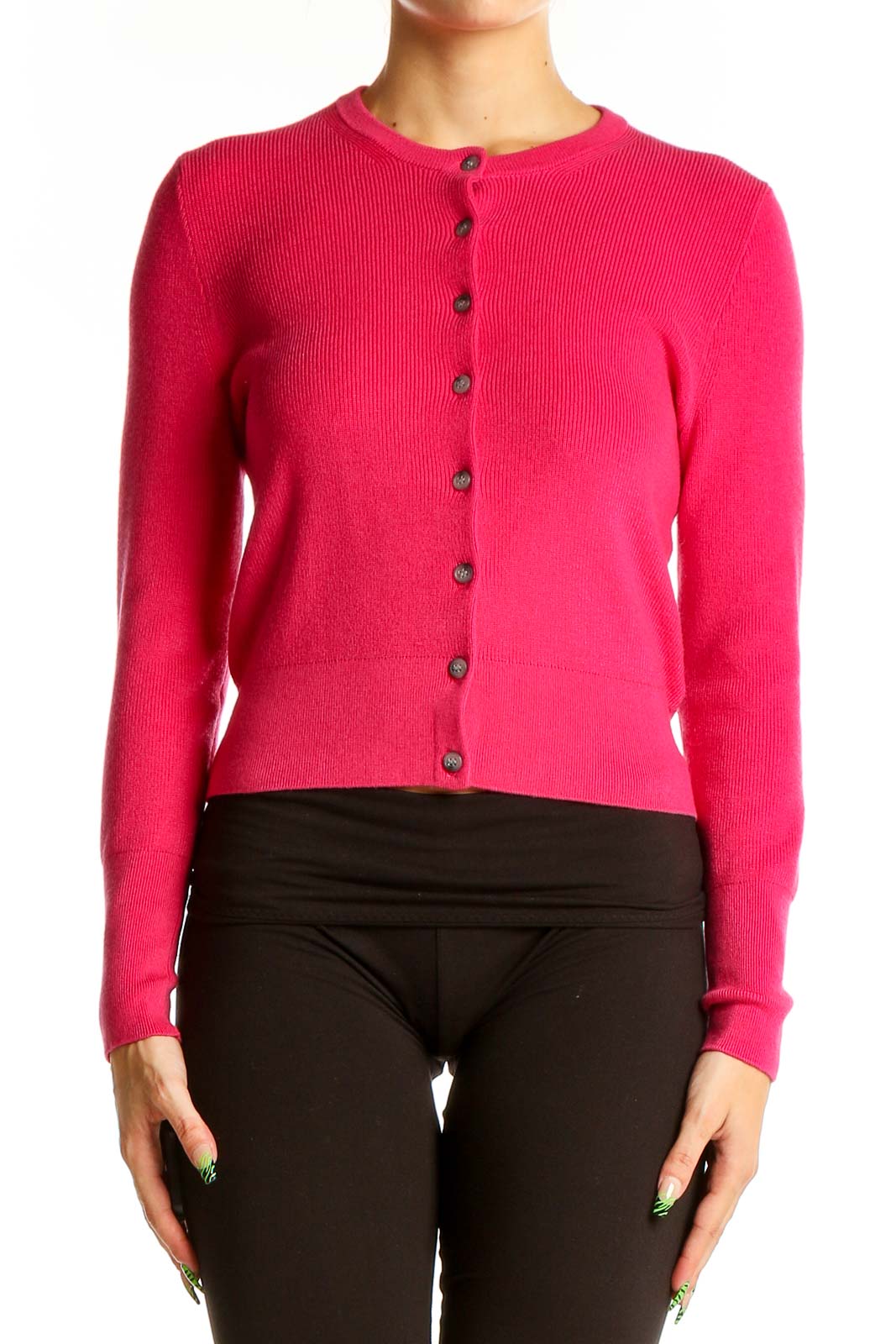 Front view of hot pink ribbed button-up J.Crew cardigan