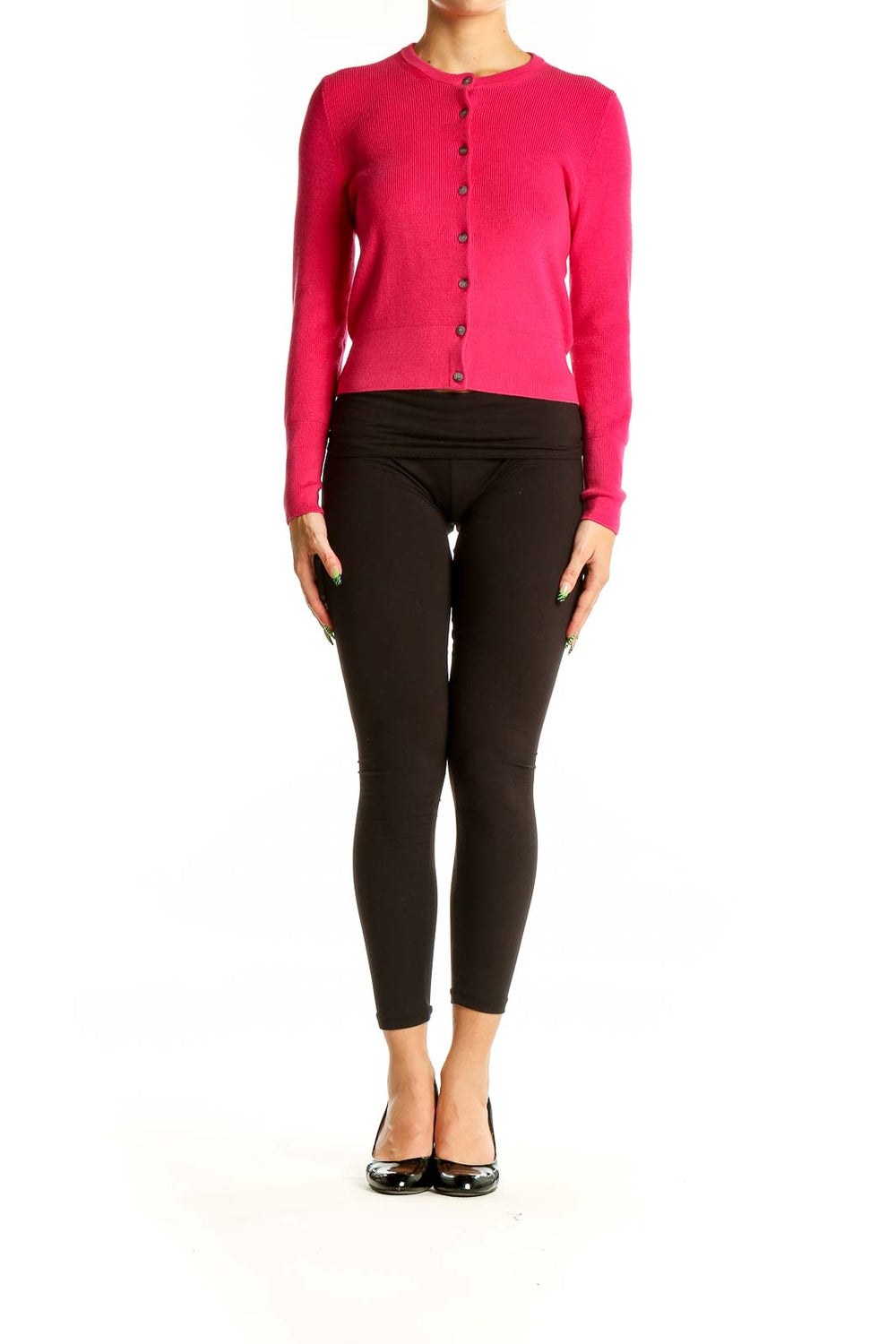 Front view of hot pink ribbed button-up J.Crew cardigan