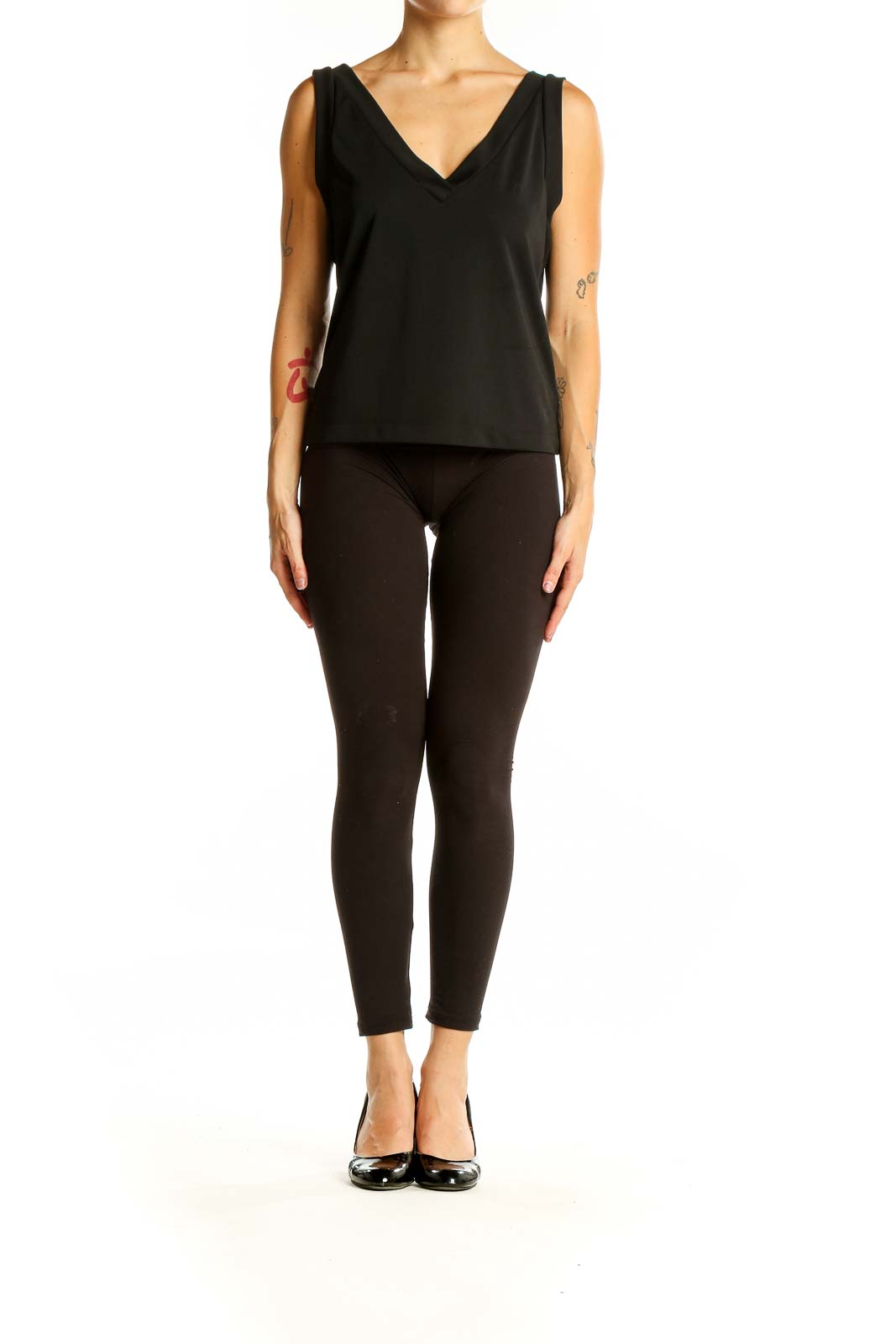 Front view of Sigrid Olsen black V-neck sleeveless polyester top