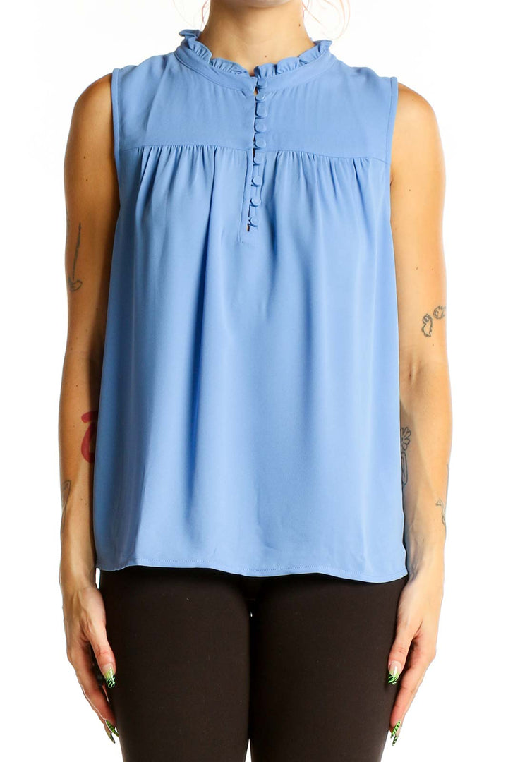 Front view of J.Crew blue sleeveless blouse with ruffled neckline