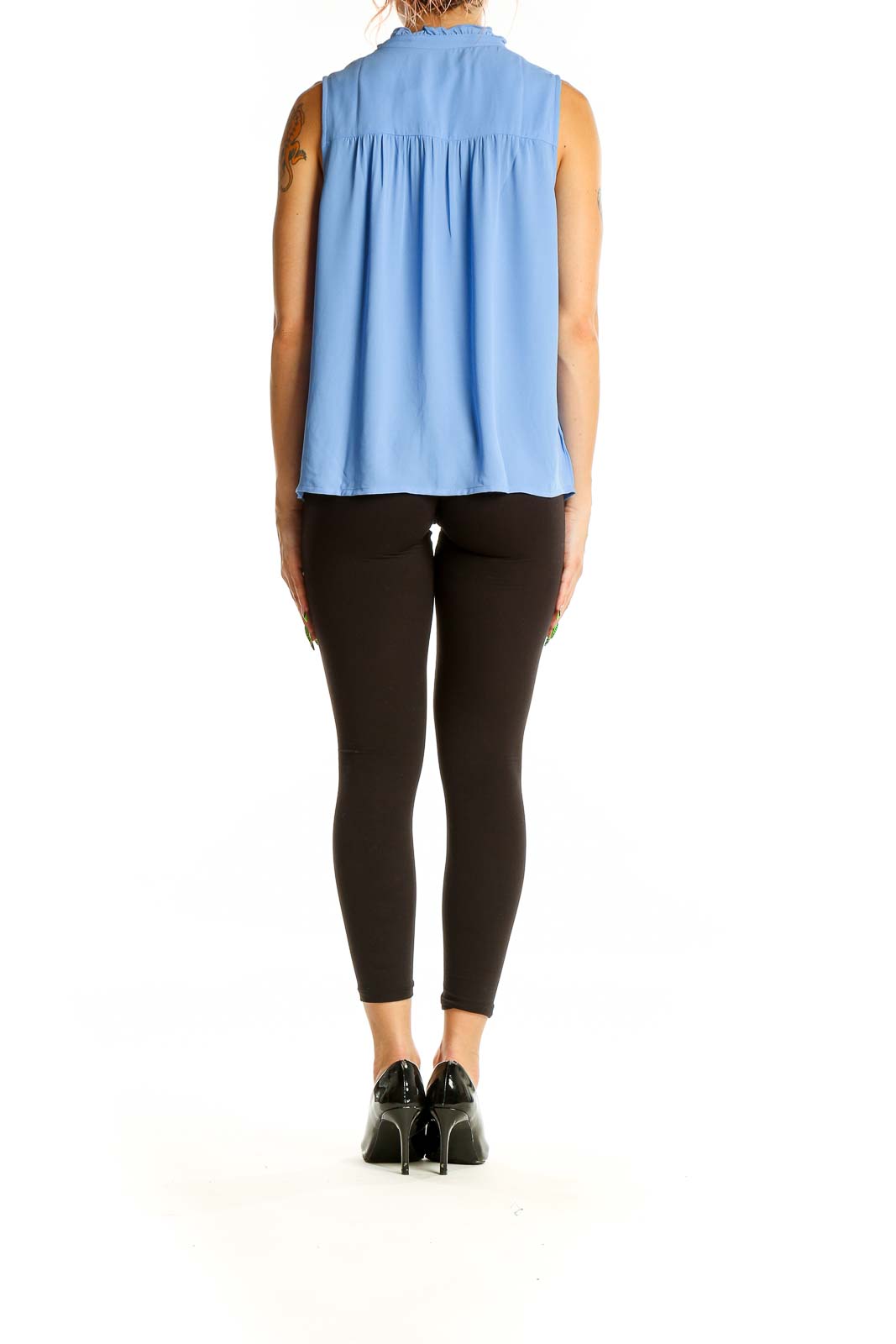 Back view of J.Crew blue sleeveless blouse showing gathered yoke