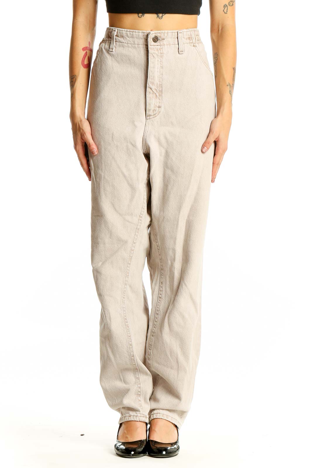 Front view of Lee beige high-waisted wide-leg denim jeans on model