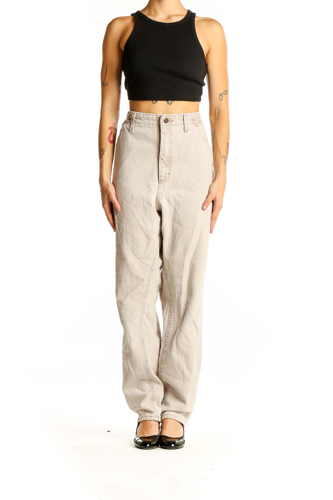 Front view of Lee beige high-waisted wide-leg denim jeans on model