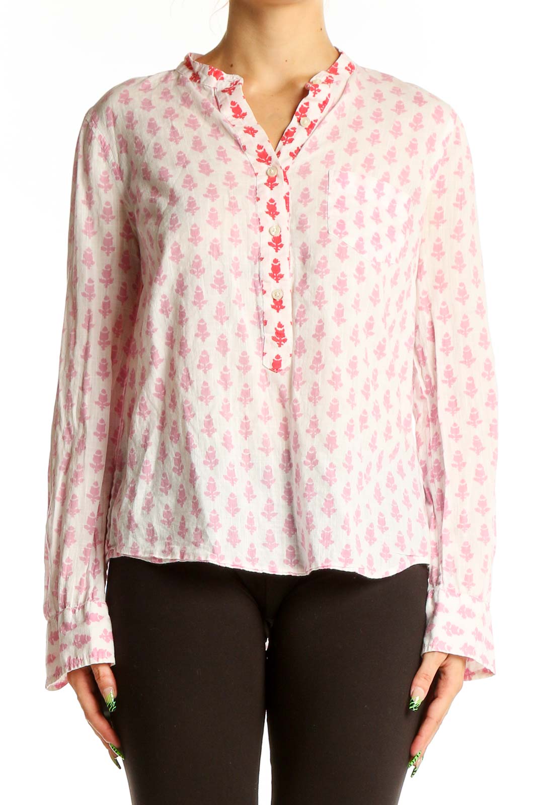 Front view of J.Crew pink floral print cotton blouse with mandarin collar