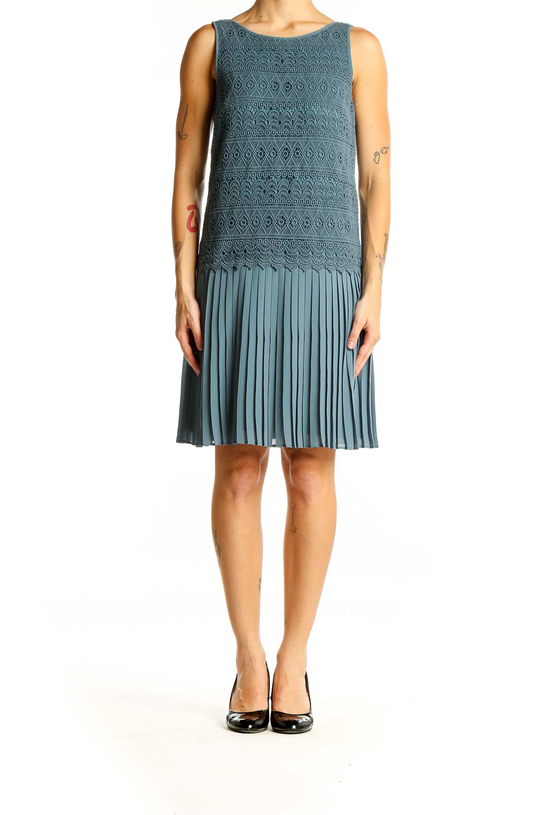 Front view of teal lace bodice cocktail dress with pleated skirt