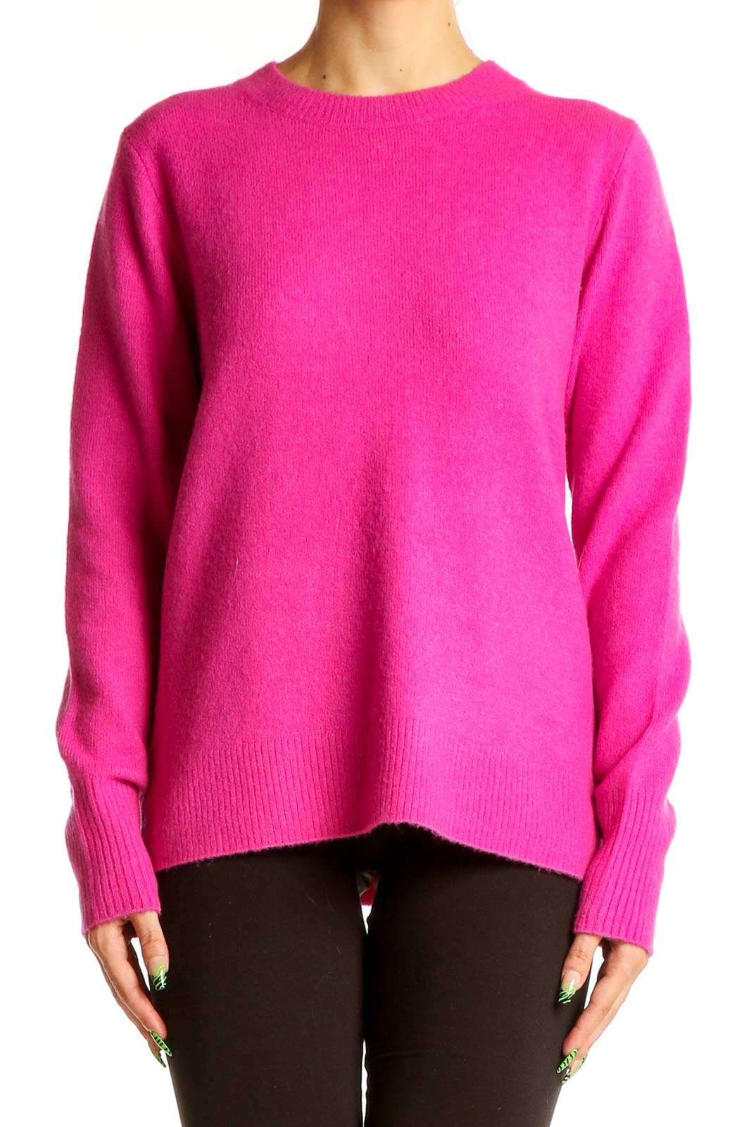 Front view of hot pink J.Crew crew neck sweater on model