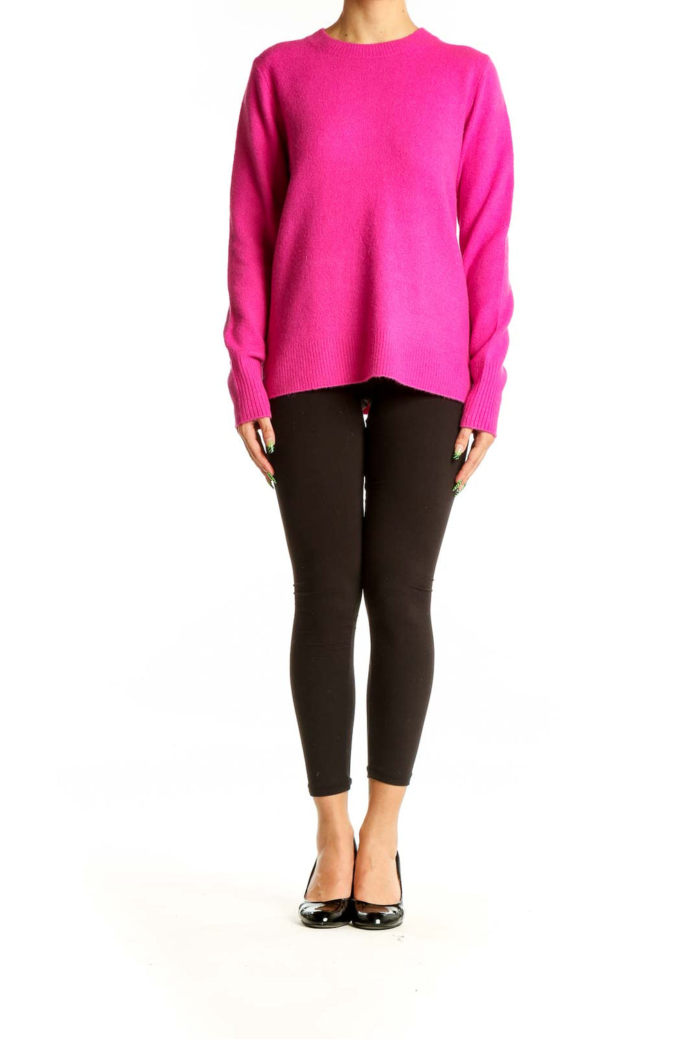 Front view of hot pink J.Crew crew neck sweater on model