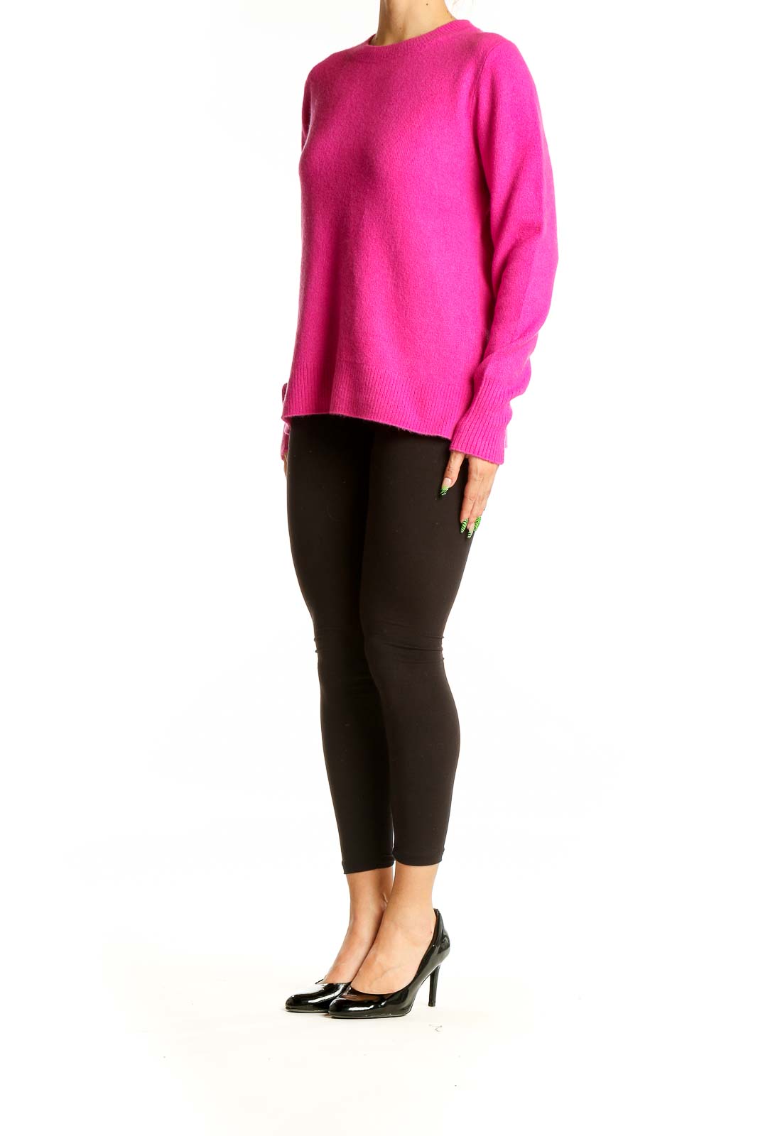 Front view of hot pink J.Crew crew neck sweater on model