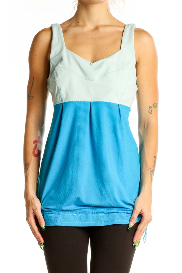 Front view of Lululemon blue and mint two-tone athletic tank top