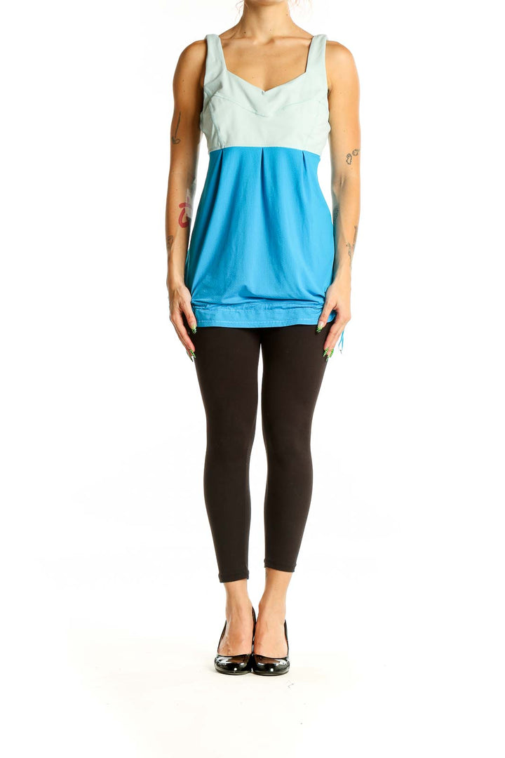 Front view of Lululemon blue and mint two-tone athletic tank top