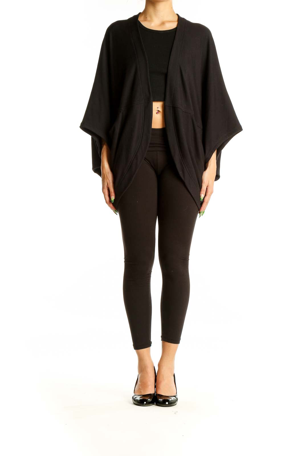 Front view of black Athleta knit cardigan with flowy silhouette and kimono sleeves