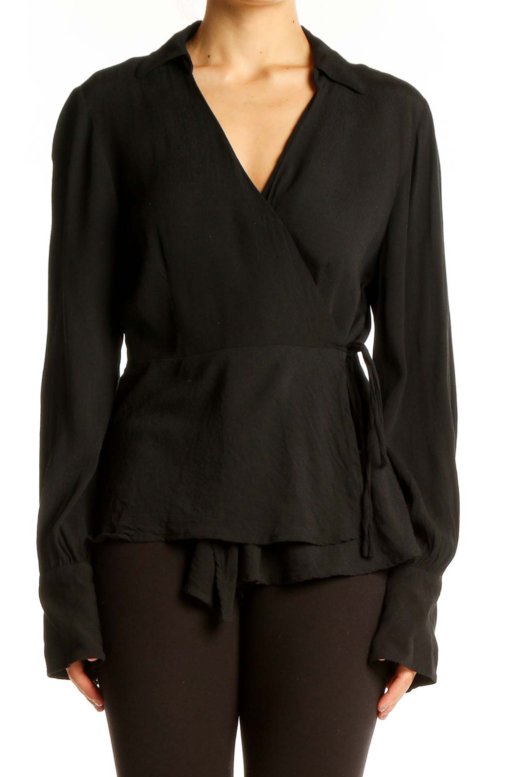 Front view of J.Crew black wrap-style viscose blouse with V-neckline