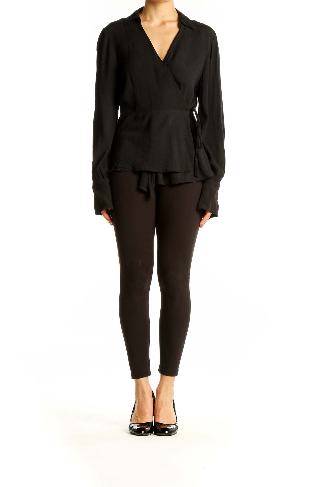 Front view of J.Crew black wrap-style viscose blouse with V-neckline