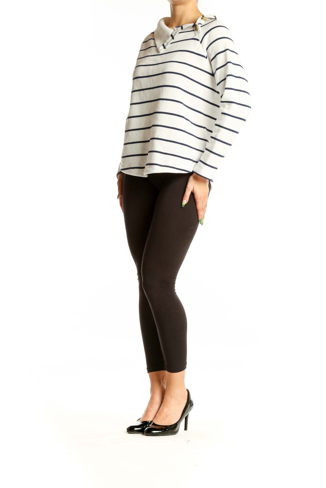 Front view of J.Crew white knit top with navy stripes and asymmetrical collar