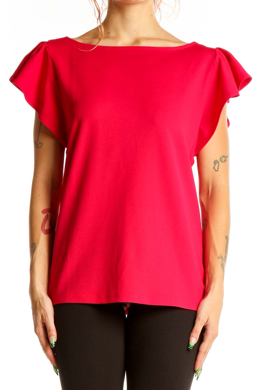 Front view of Ann Taylor red blouse with fluttery cap sleeves and boat neckline