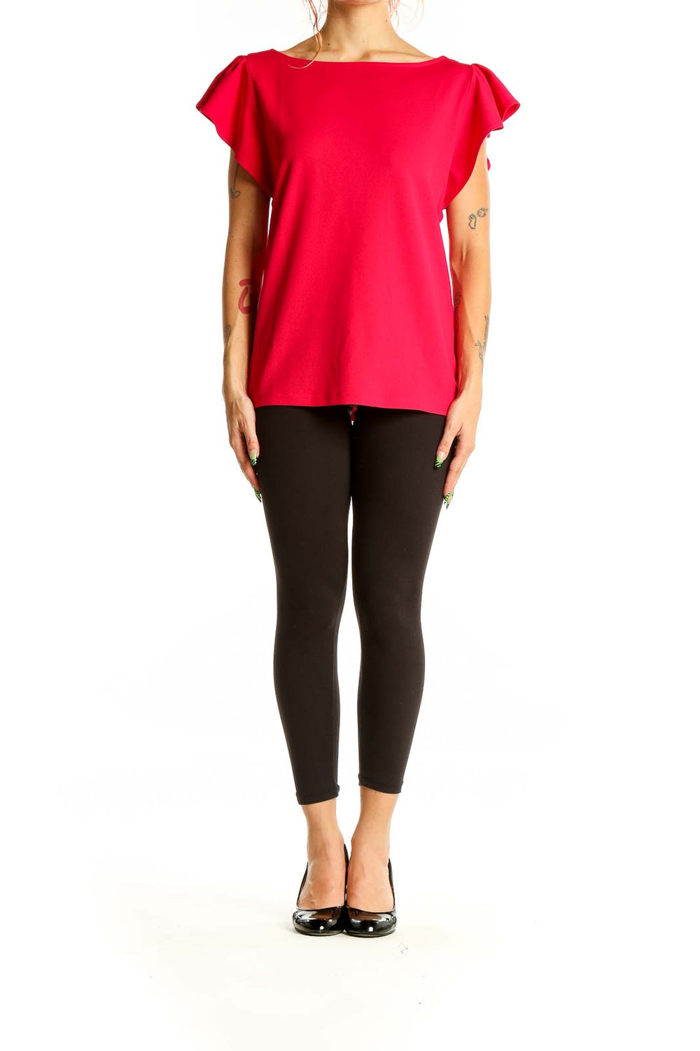 Front view of Ann Taylor red blouse with fluttery cap sleeves and boat neckline