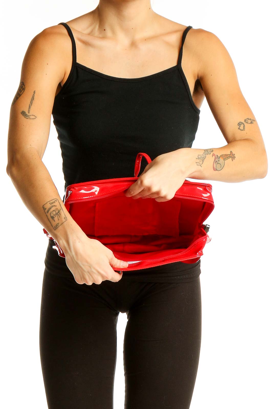 Interior view of SilkRoll red clock-inspired crossbody bag