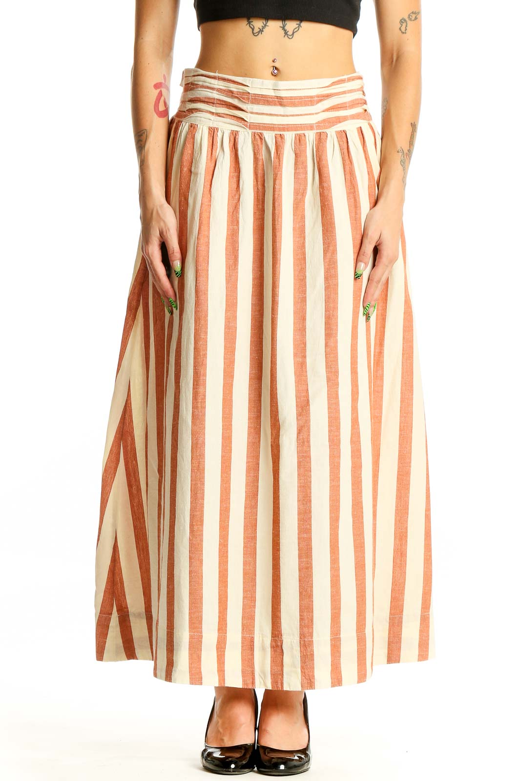 Front view of Free People Orange Striped Cotton-Linen Maxi Skirt