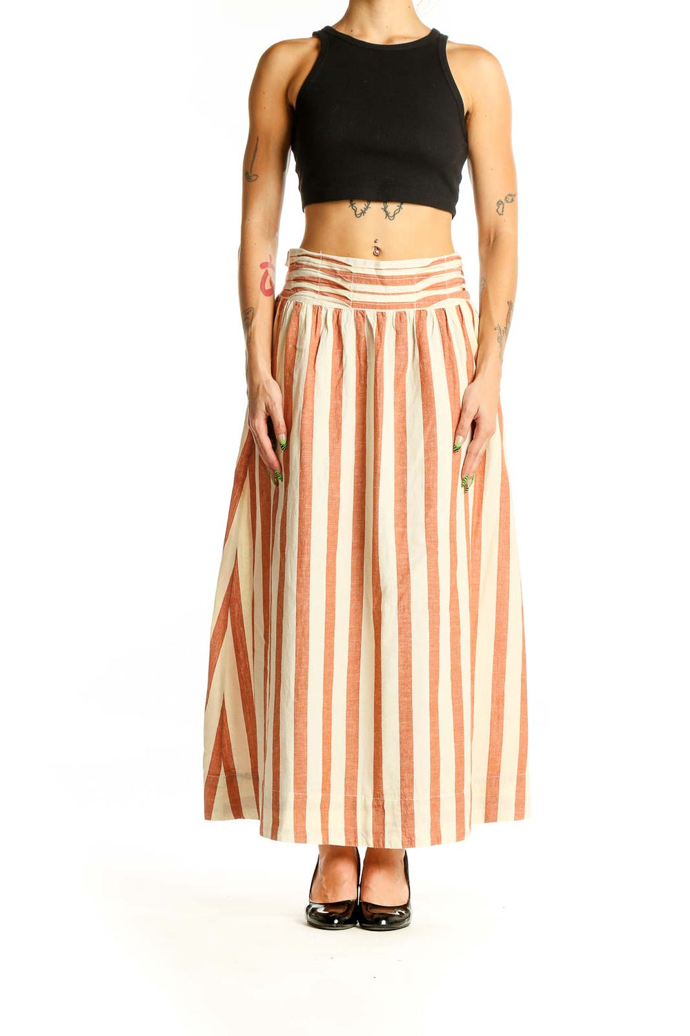 Front view of Free People Orange Striped Cotton-Linen Maxi Skirt