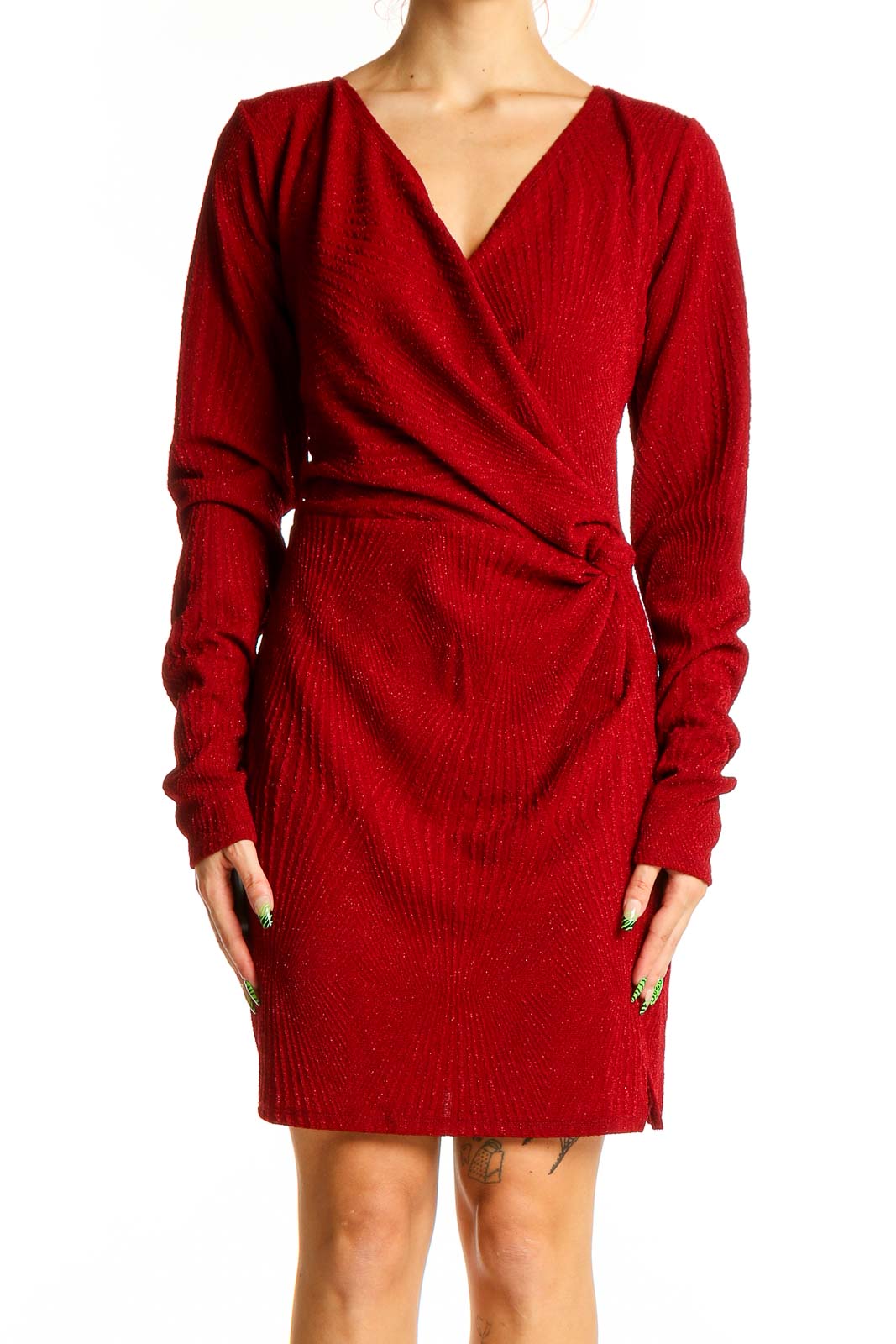 Front view of red metallic wrap dress with long sleeves and V-neckline