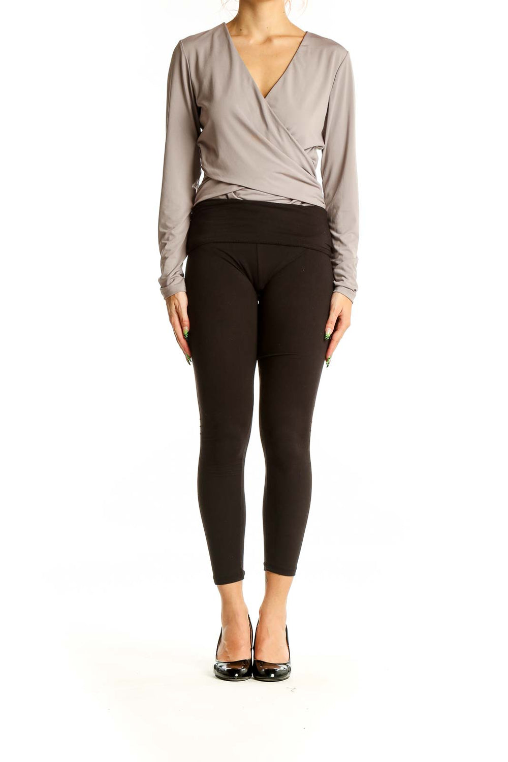 Front view of Abercrombie & Fitch gray wrap-style long sleeve top