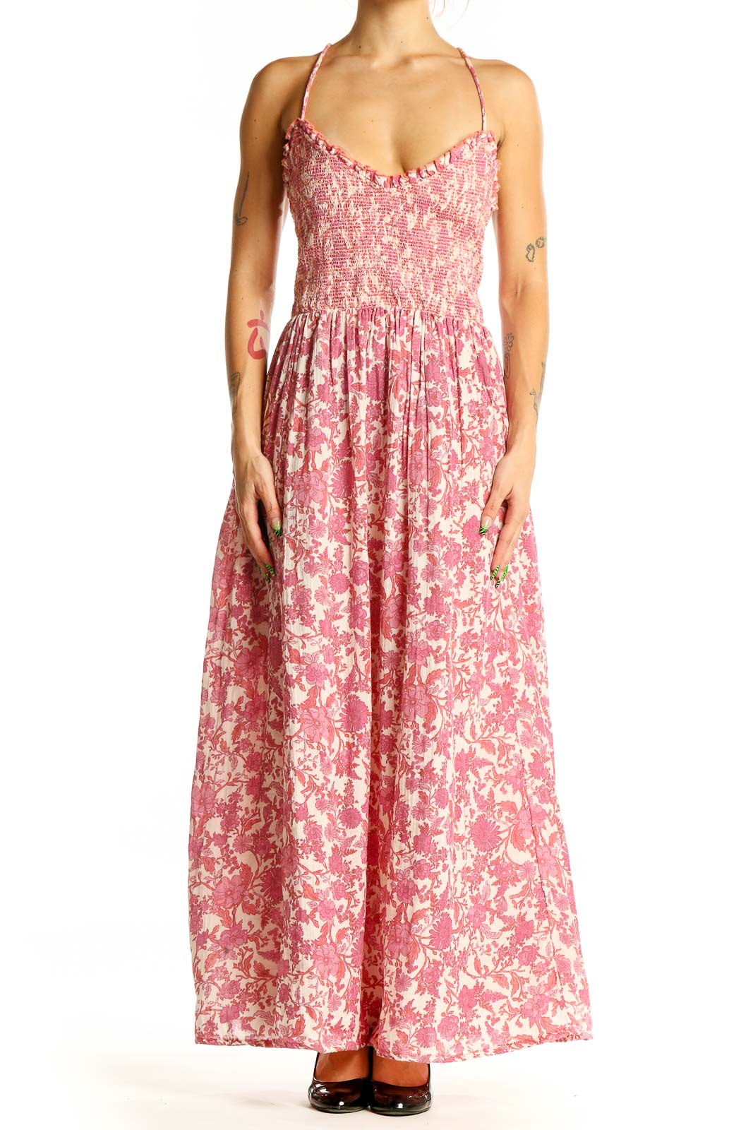 Front view of Free People pink floral maxi dress with smocked bodice