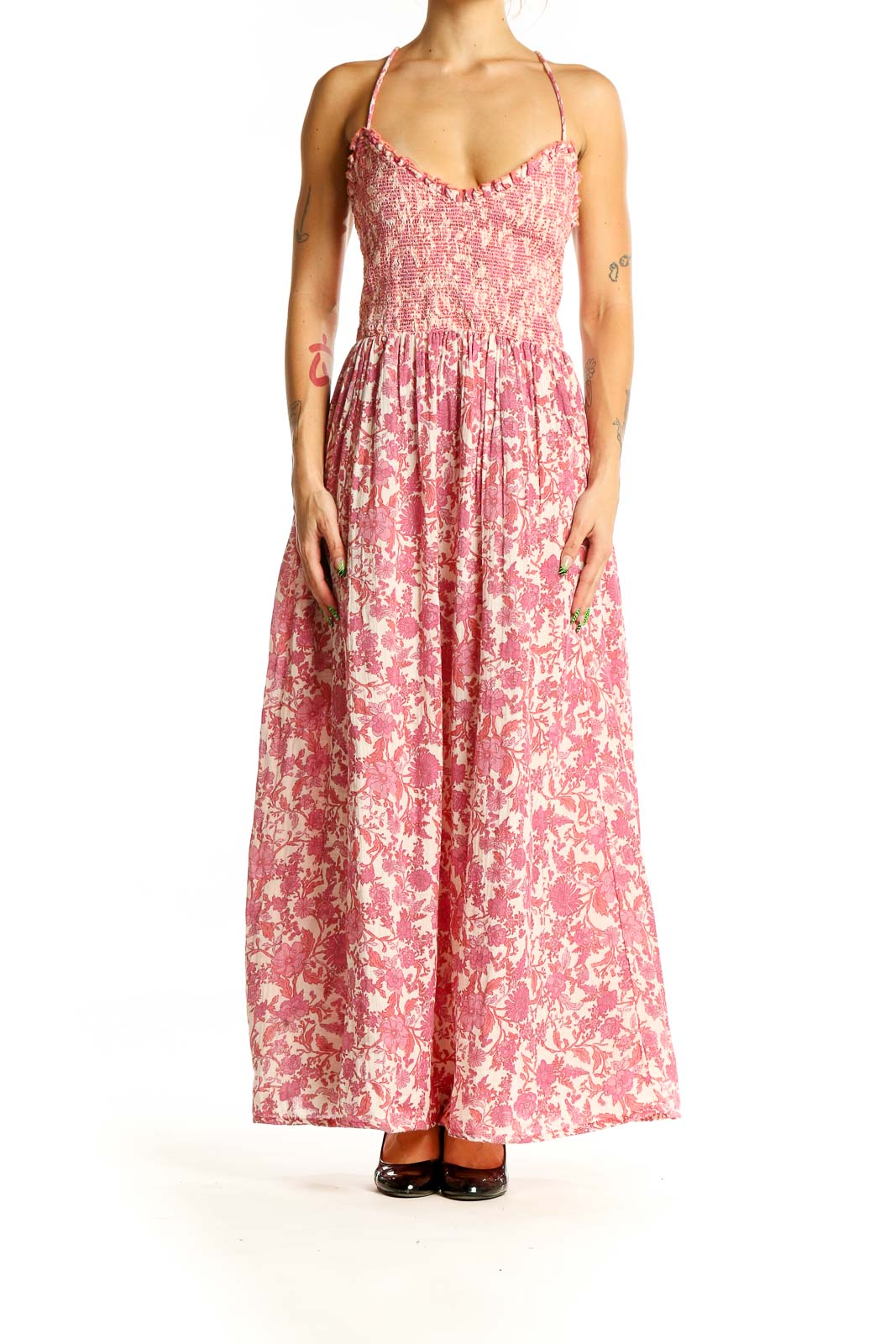 Free People Pink Floral Smocked Maxi Dress | Bohemian Summer Style SilkRoll Free People Pink Floral Smocked Maxi Dress | Bohemian Summer Style SilkRoll