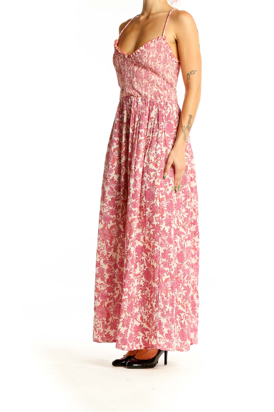 Front view of Free People pink floral maxi dress with smocked bodice