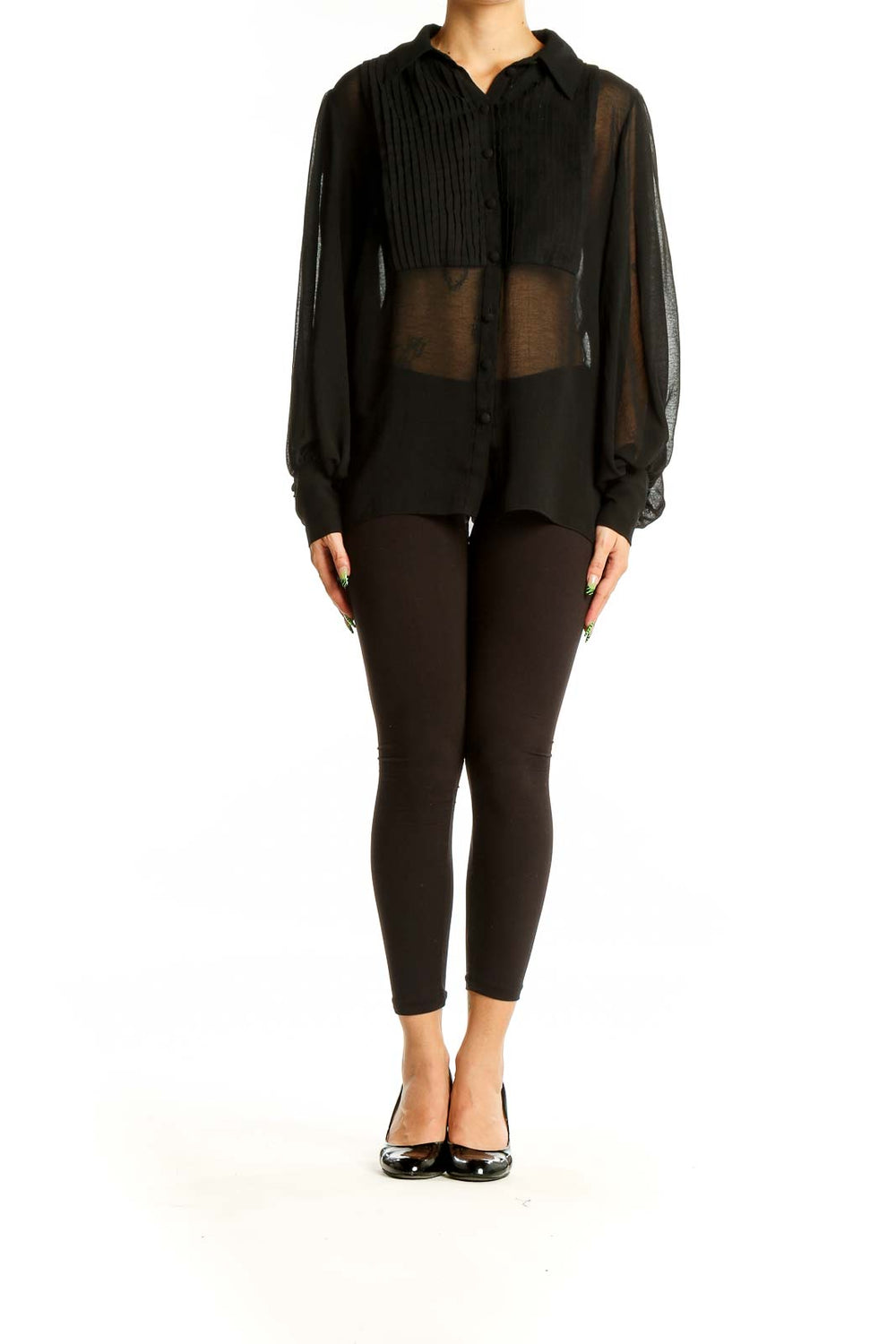 Front view of Zara black sheer blouse with pleated bib front and button-up design