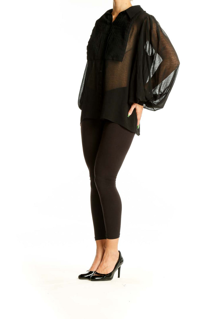 Front view of Zara black sheer blouse with pleated bib front and button-up design