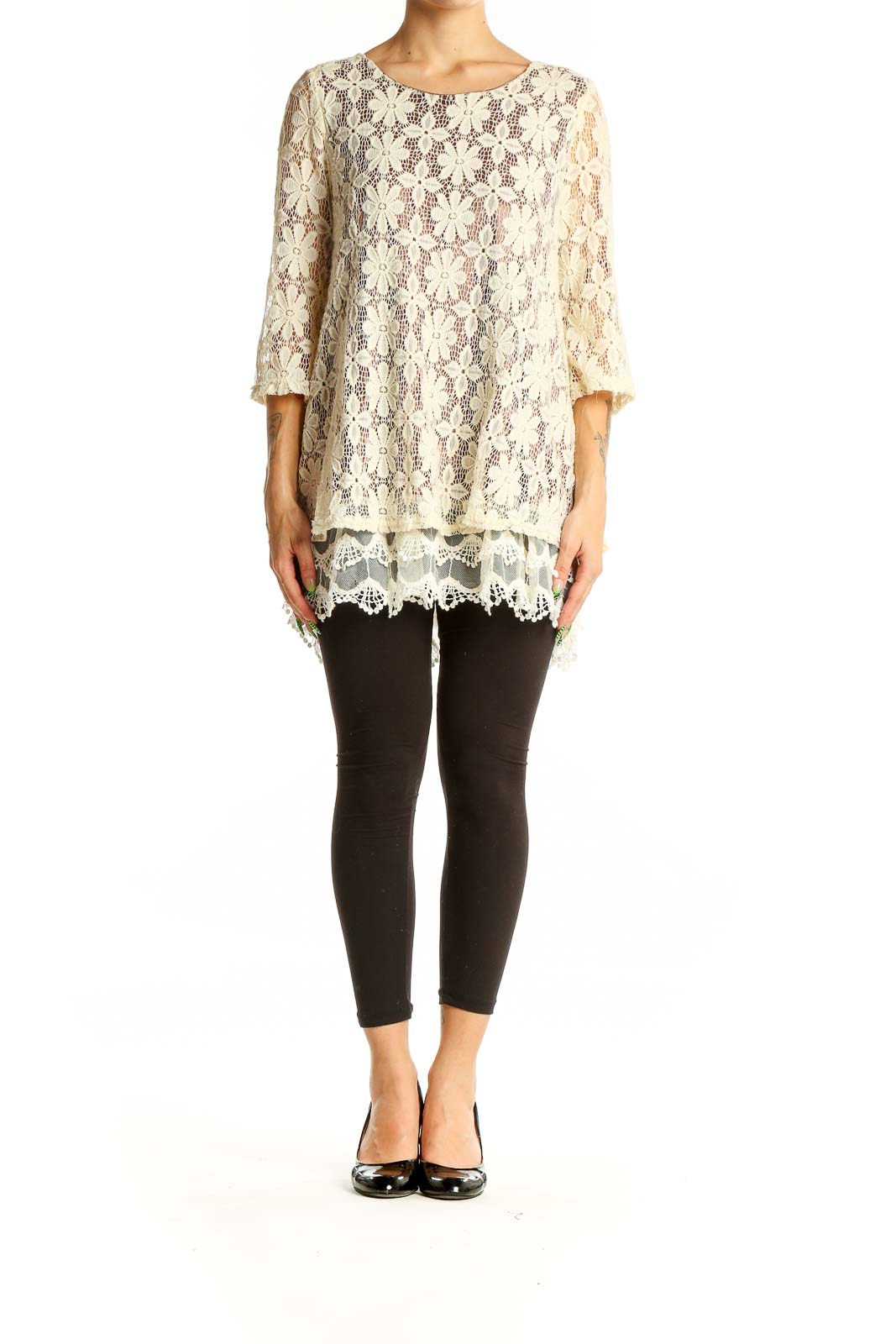 Front view of SilkRoll cream floral lace overlay tunic top with 3/4 sleeves