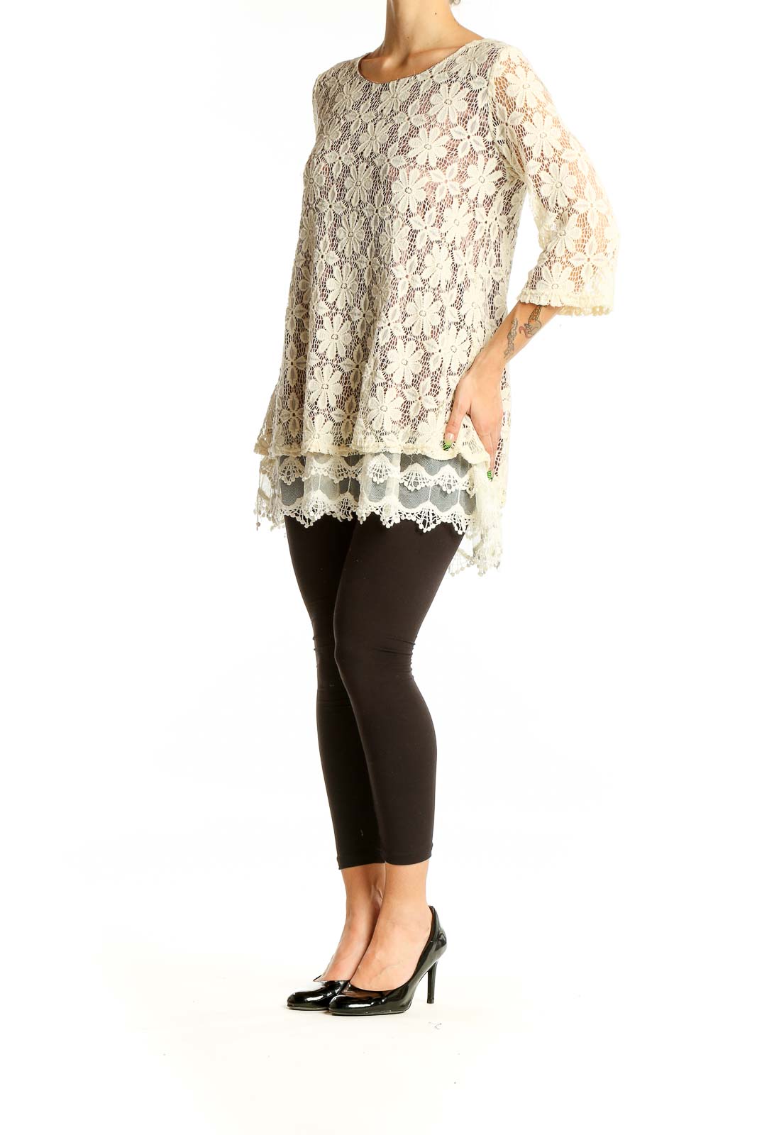 Front view of SilkRoll cream floral lace overlay tunic top with 3/4 sleeves