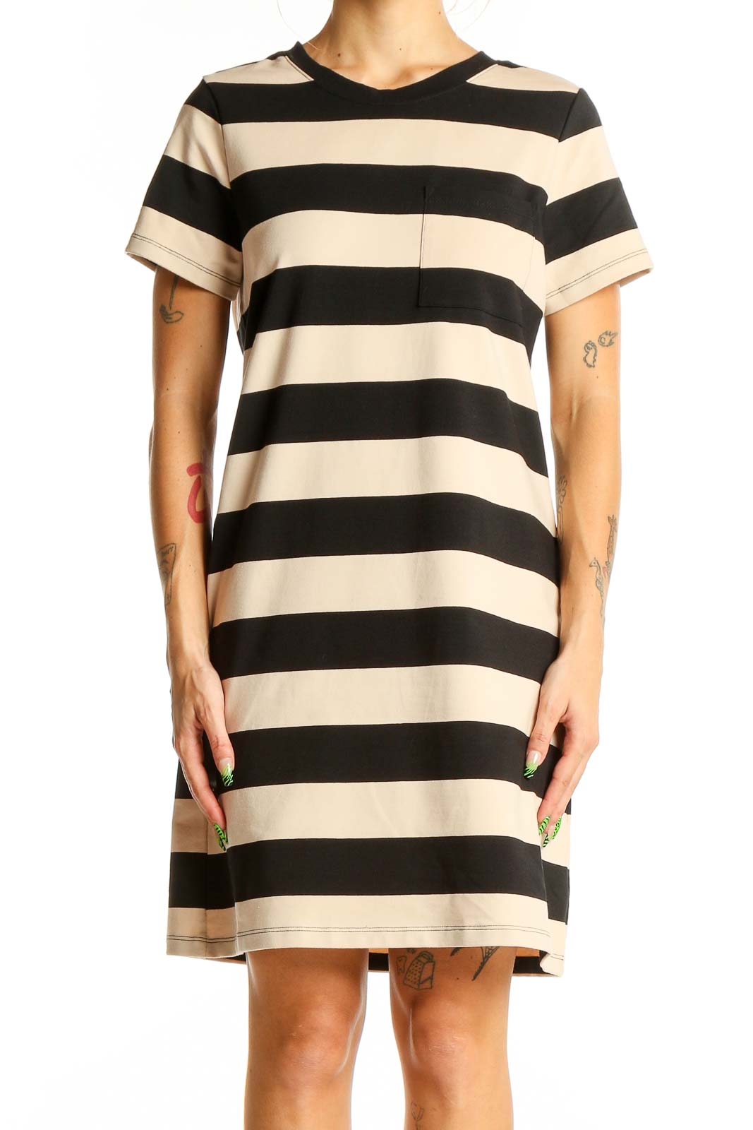 Front view of Banana Republic Black and Beige Striped T-Shirt Dress