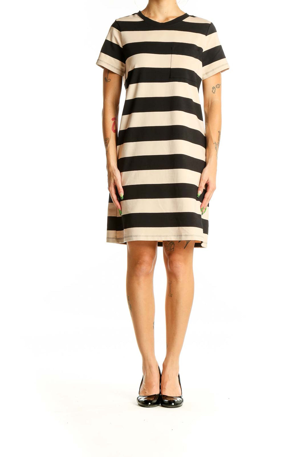 Banana Republic Black and Beige Striped T-Shirt Dress
